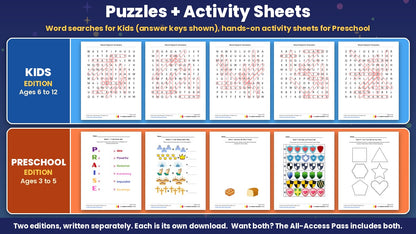 Kids word search answer keys and Preschool activity sheets from the Prayer Power Lab 5-week Lord's Prayer Sunday school curriculum