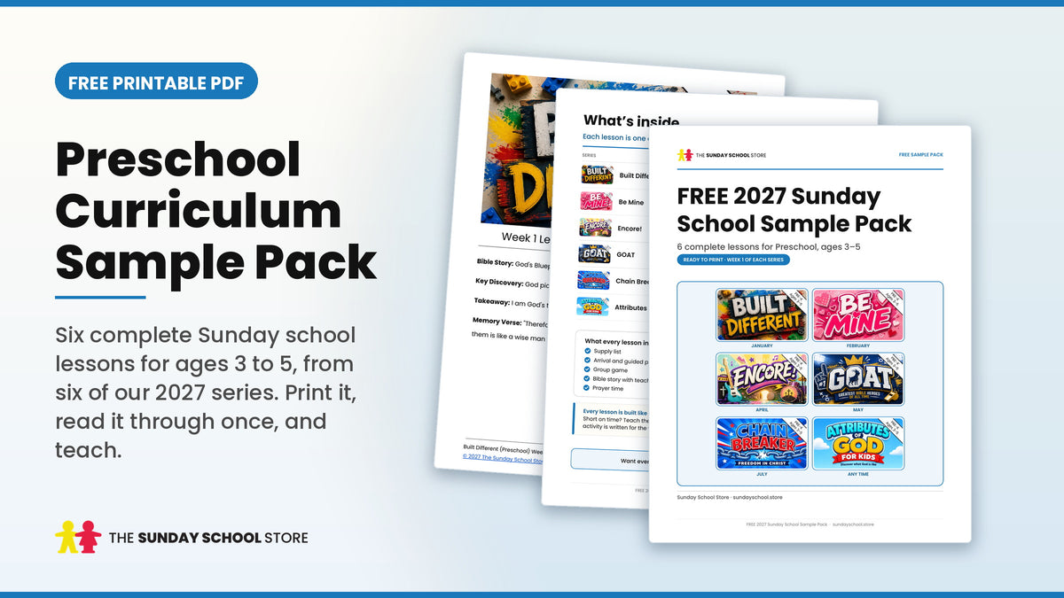 Free preschool Sunday school sample pack: six lessons from six 2027 series, ages 3 to 5