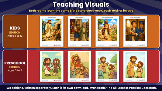 ROAR Sunday school curriculum: Bible story teaching visuals from the Kids edition (ages 6 to 12) and the Preschool edition (ages 3 to 5)