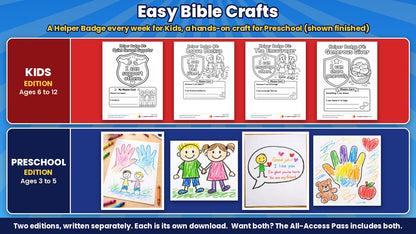 Super Sidekicks crafts for all 4 weeks: printable Helper Badge pages for Kids (ages 6 to 12) and finished craft photos for Preschool (ages 3 to 5)