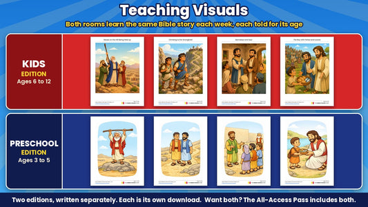 Super Sidekicks teaching visuals: color Bible story pictures for all 4 weeks, Kids edition (ages 6 to 12) and Preschool edition (ages 3 to 5) shown separately