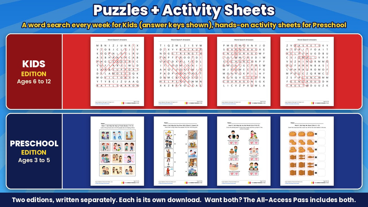 Super Sidekicks word search answer keys for Kids (ages 6 to 12) and printable activity sheets for Preschool (ages 3 to 5), all 4 weeks