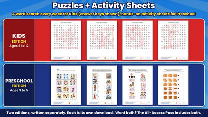 Super Sidekicks word search answer keys for Kids (ages 6 to 12) and printable activity sheets for Preschool (ages 3 to 5), all 4 weeks