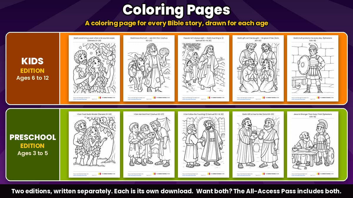Bible coloring pages from the Trick or Truth 5-week Sunday school curriculum, Kids edition (ages 6 to 12) and Preschool edition (ages 3 to 5)