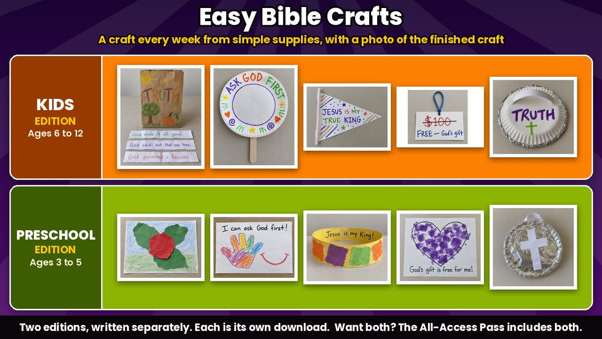 Finished Bible crafts from the Trick or Truth 5-week Sunday school curriculum, Kids edition (ages 6 to 12) and Preschool edition (ages 3 to 5)
