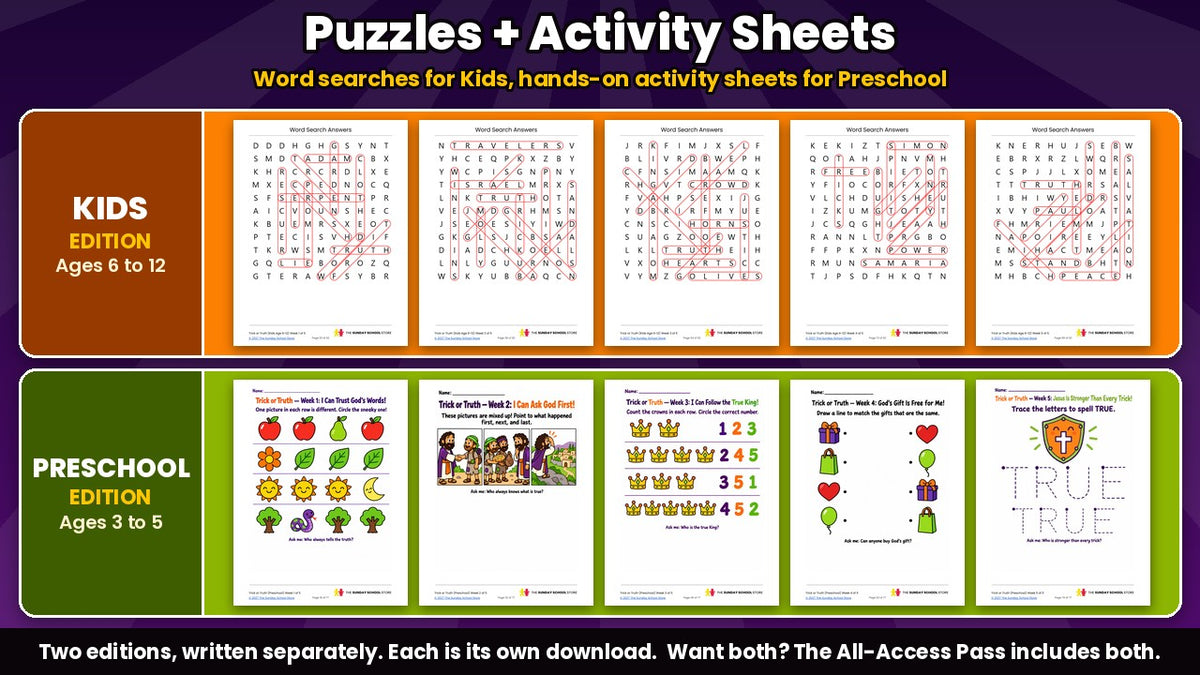 Kids word search puzzles and preschool activity sheets from the Trick or Truth 5-week Sunday school curriculum