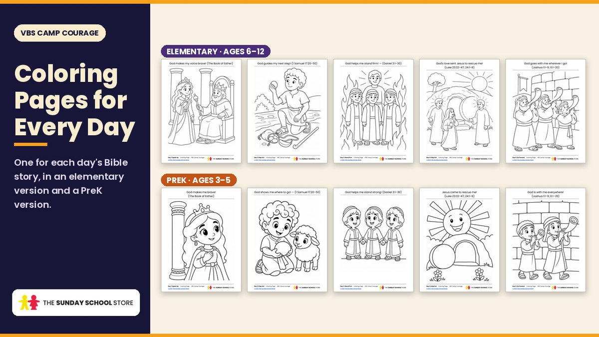 VBS Camp Courage coloring pages for all five days: Esther, David and Goliath, the fiery furnace, the empty tomb and the walls of Jericho, in an elementary version for ages 6 to 12 and a PreK version for ages 3 to 5