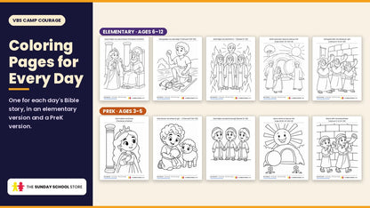 VBS Camp Courage coloring pages for all five days: Esther, David and Goliath, the fiery furnace, the empty tomb and the walls of Jericho, in an elementary version for ages 6 to 12 and a PreK version for ages 3 to 5