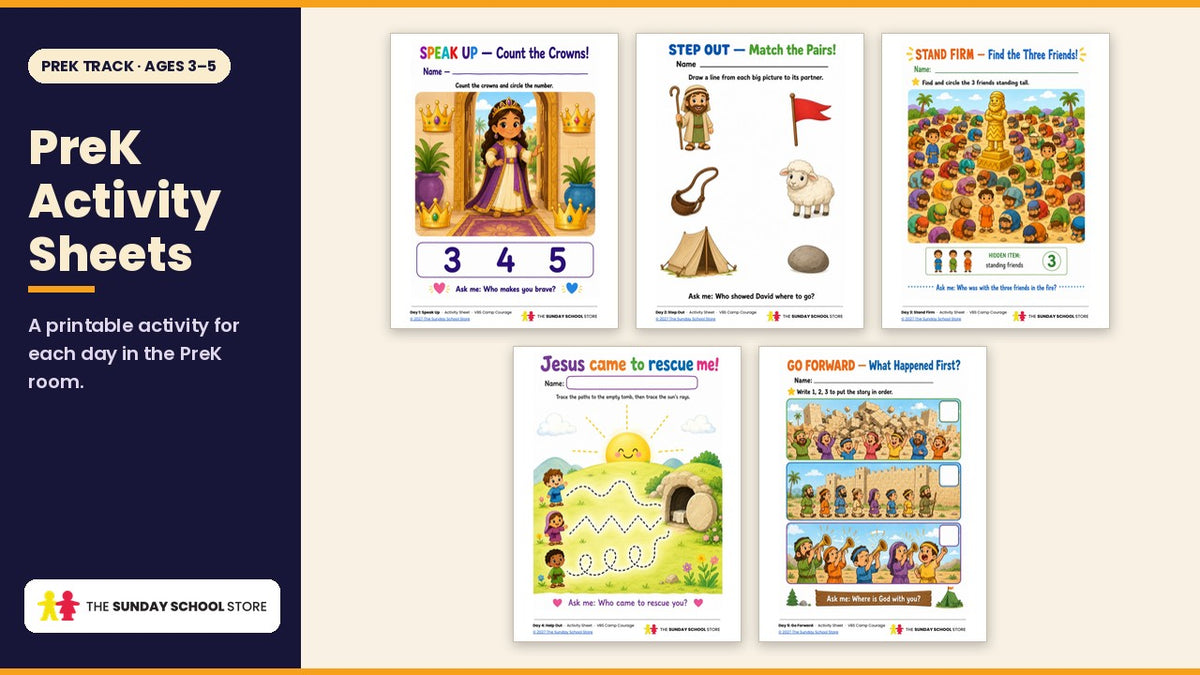 VBS Camp Courage PreK activity sheets for ages 3 to 5, one for each day: count the crowns, match the pairs, find the three friends, trace the path to the empty tomb, and put the Jericho story in order