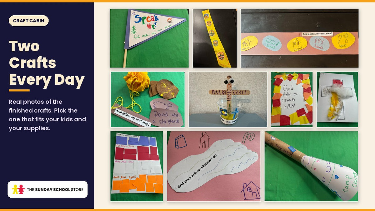 Finished craft photos from the VBS Camp Courage Craft Leaders Manual: two crafts for each of the five days, including a Speak Up pennant, courage sash, shepherd's pouch, Stand Firm banner, sensory cross and Israelite trumpet