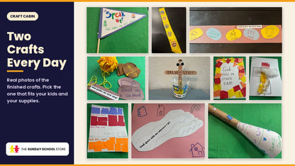 Finished craft photos from the VBS Camp Courage Craft Leaders Manual: two crafts for each of the five days, including a Speak Up pennant, courage sash, shepherd's pouch, Stand Firm banner, sensory cross and Israelite trumpet