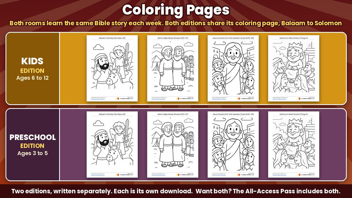 Wise Up Sunday School curriculum: a Bible coloring page for every week, shared by the Kids and Preschool editions