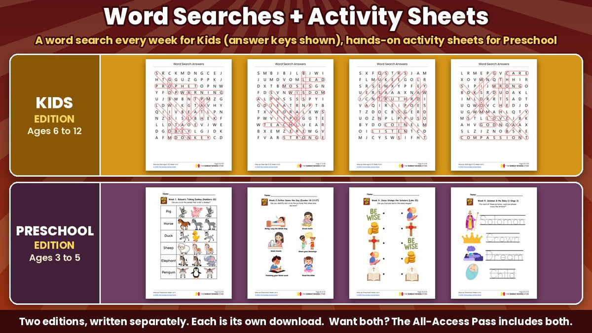 Wise Up Sunday School curriculum: Kids word search answer keys and Preschool activity sheets for all 4 weeks