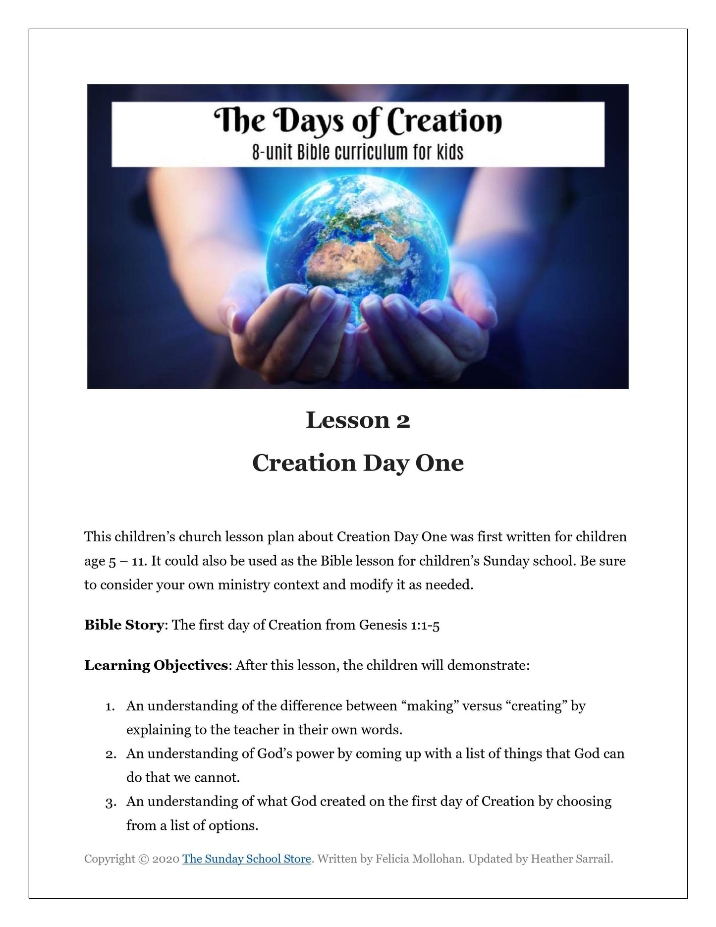 "The Days of Creation" 8 Week Curriculum (download only) - Sunday School Store 