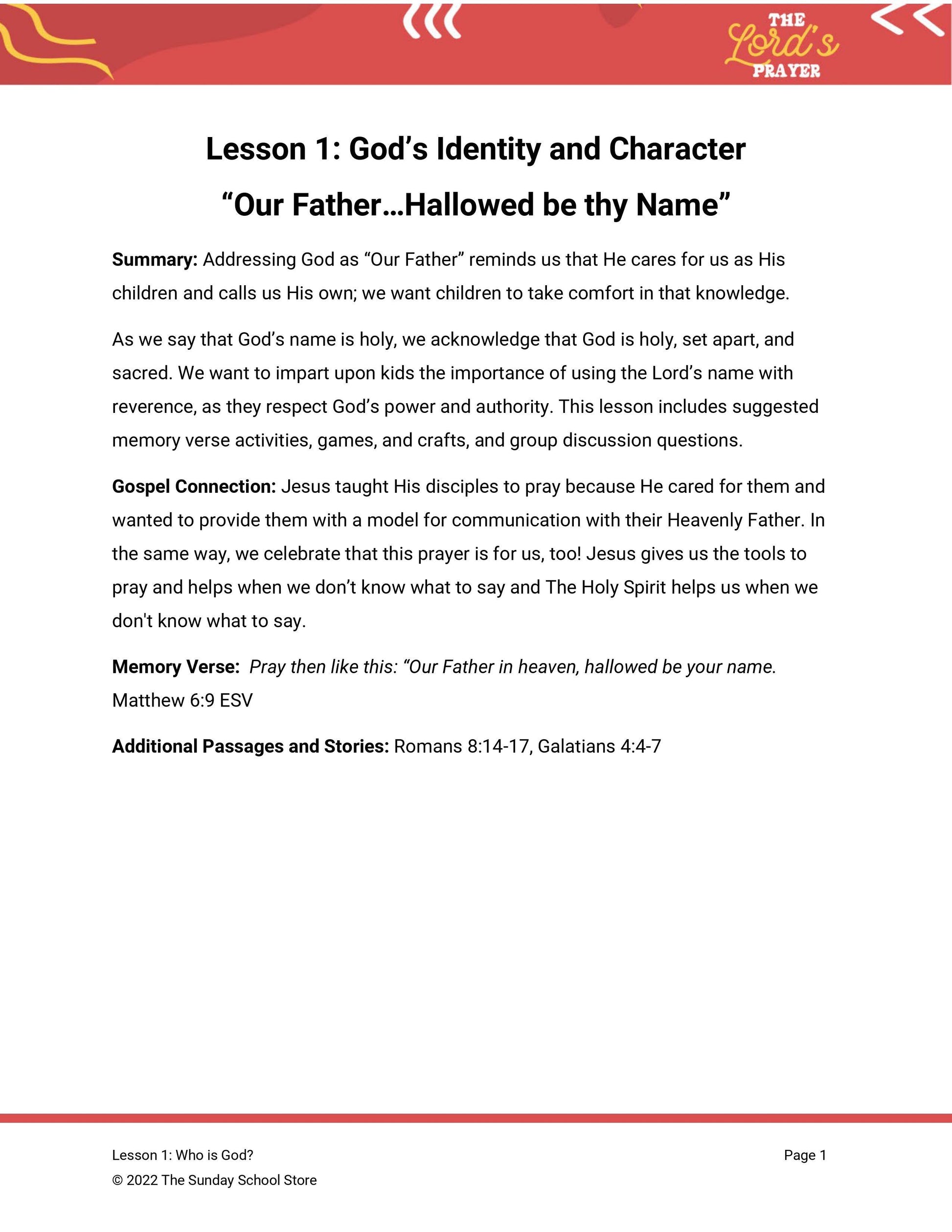 "Our Father" Free Lesson for Kids on the Lord's Prayer - Sunday School Store 