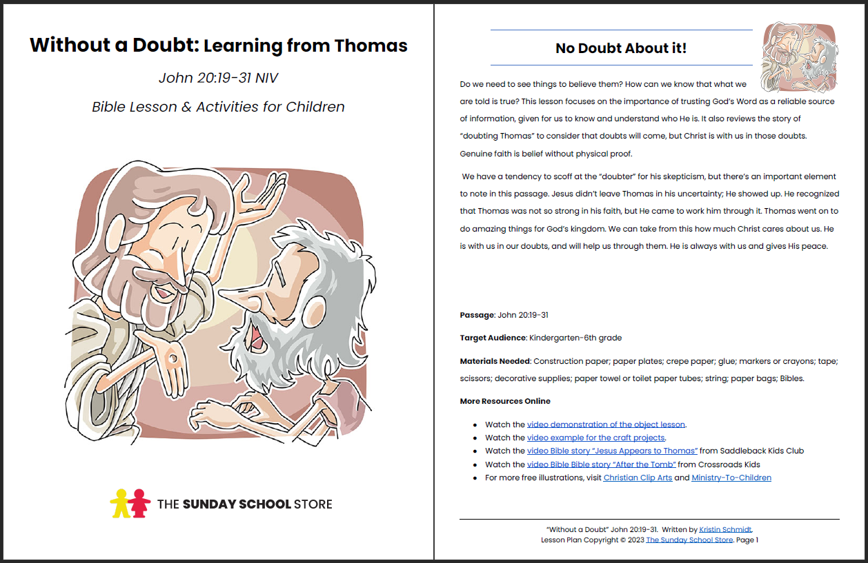 Learning from Doubting Thomas (John 20:19-31) Printable Bible Lesson & Sunday School Activities