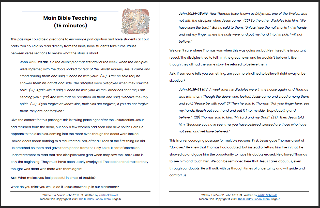 Learning from Doubting Thomas (John 20:19-31) Printable Bible Lesson & Sunday School Activities