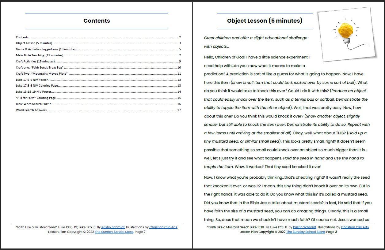 Faith Like a Mustard Seed (Luke 13 & 17) Printable Bible Lesson & Sunday School Activities - Sunday School Store 