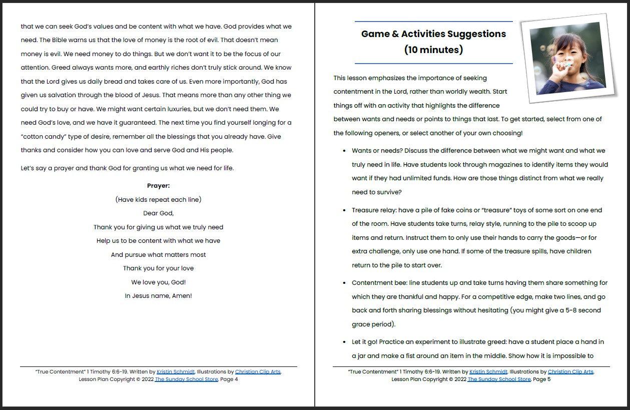 True Contentment Vs. Love of Money (1 Timothy 6:9-19) Printable Bible Lesson & Sunday School Activities - Sunday School Store 