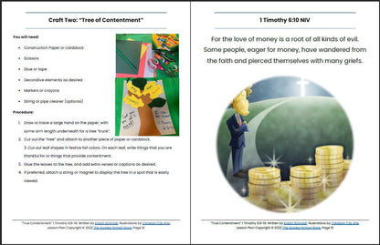 True Contentment Vs. Love of Money (1 Timothy 6:9-19) Printable Bible Lesson & Sunday School Activities - Sunday School Store 