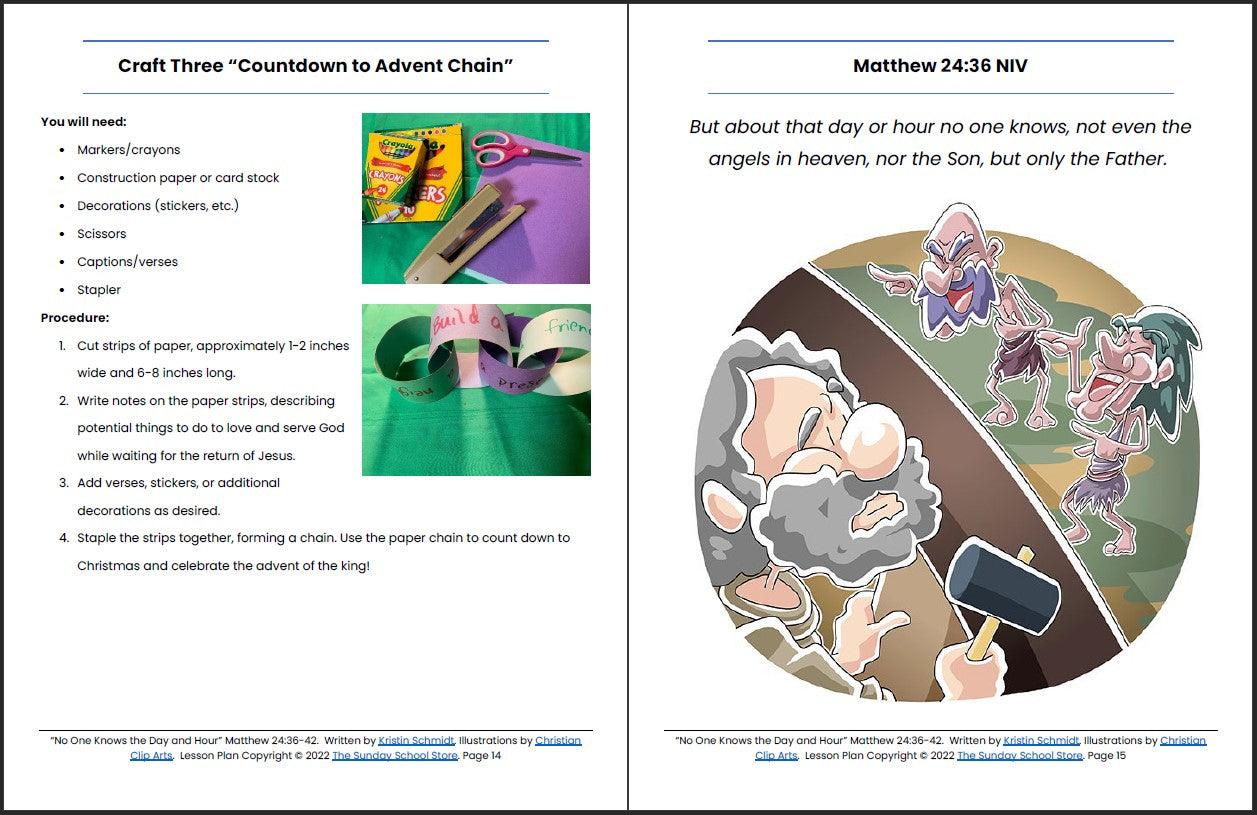 No One Knows the Day and Hour (Matthew 24:36-42) Printable Advent Bible Lesson & Sunday School Activities - Sunday School Store 