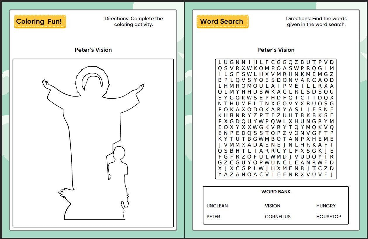 Peter's Vision (Acts 10:1-33) Printable Bible Lesson & Sunday School Activities - Sunday School Store 