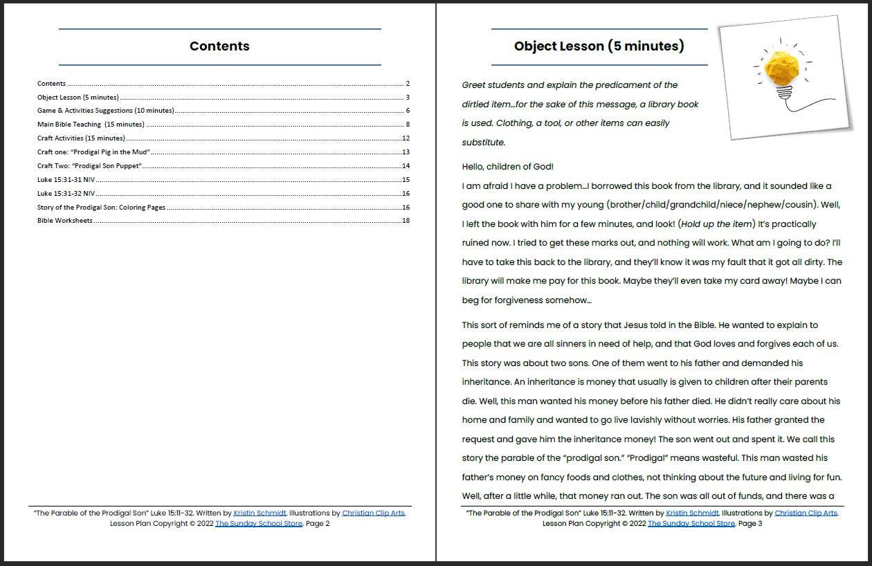 The Parable of the Prodigal Son (Luke 15:11-32) Printable Bible Lesson & Sunday School Activities - Sunday School Store 