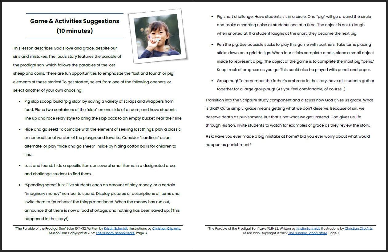 The Parable of the Prodigal Son (Luke 15:11-32) Printable Bible Lesson & Sunday School Activities - Sunday School Store 