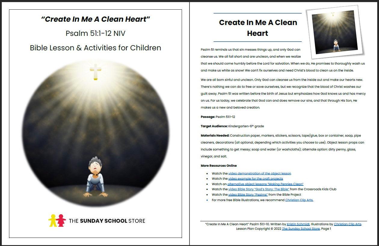 Create in Me a Clean Heart (Psalm 51) Printable Bible Lesson & Sunday School Activities - Sunday School Store 